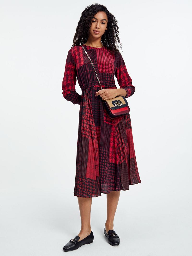 Női Tommy Hilfiger Icon Houndstooth Patchwork Midi Dresses Piros | HU 96XYU